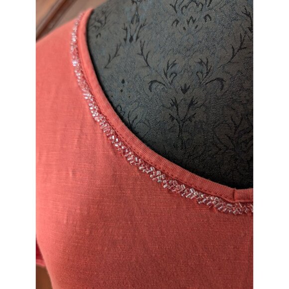 Womens Coral T-Shirt With Beaded Neckline By Coldwater Creek Size L 100% Cotton - Picture 2 of 7